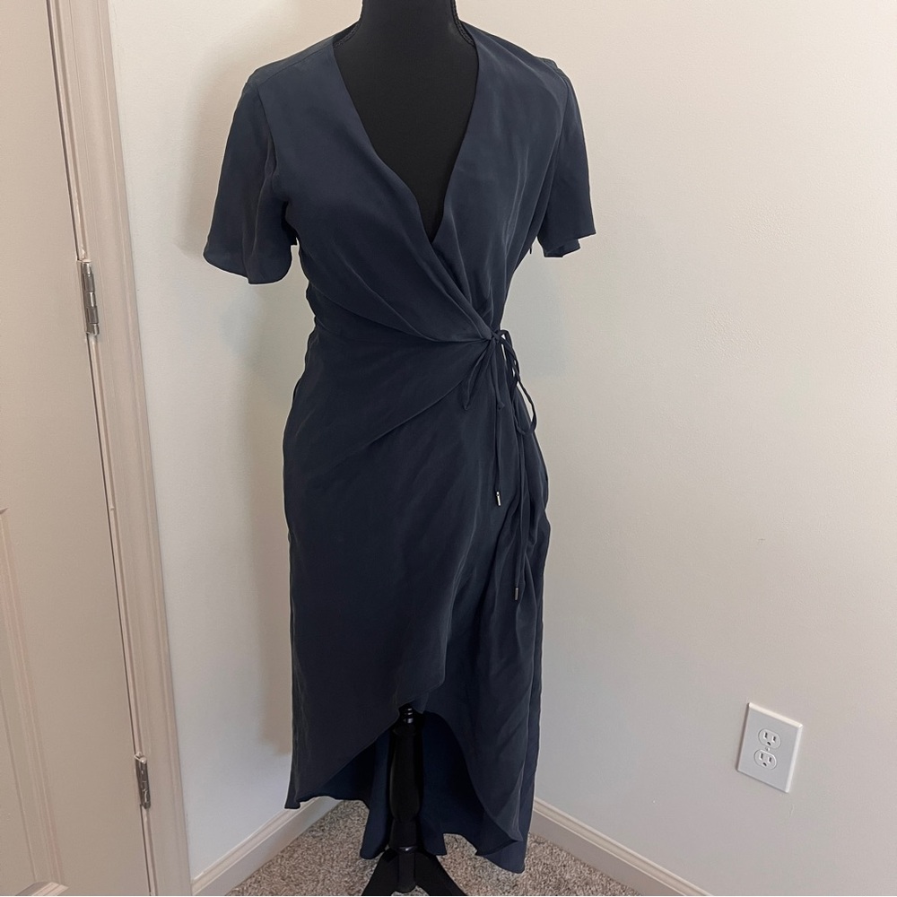 Greylin Anthropologie Silk Navy Wrap Dress Sz S High Low Formal Classic Business